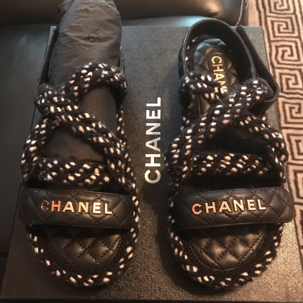 Sold out Chanel cord and lambskin sandals.